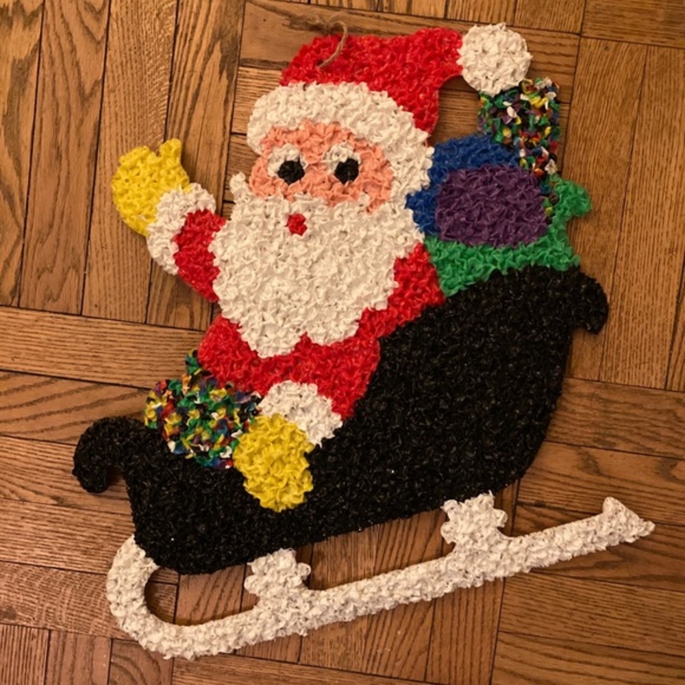 Vintage Melted Plastic Santa on Sleigh - highly collectible!